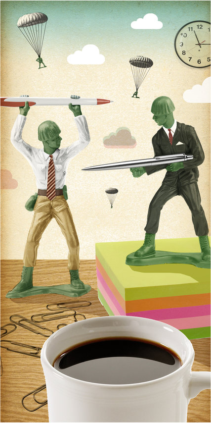 Cartoon of two GI Joe's fighting with office supplies